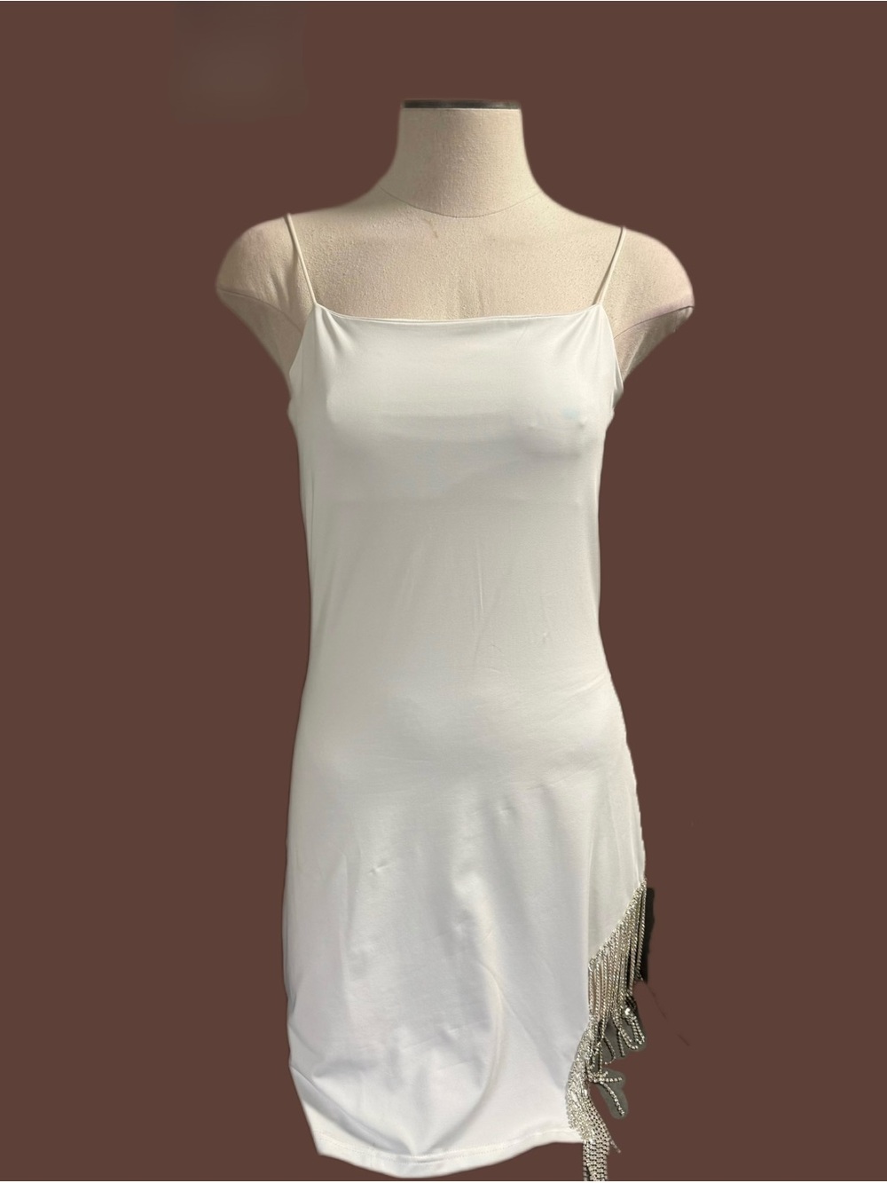 White Spaghetti Strap Mini Dress with Side Silver Fringe